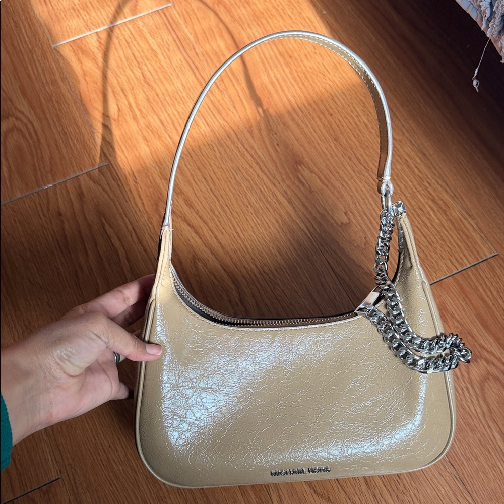 Michael Kors Beige Leather Shoulder Bag with Chain Accent